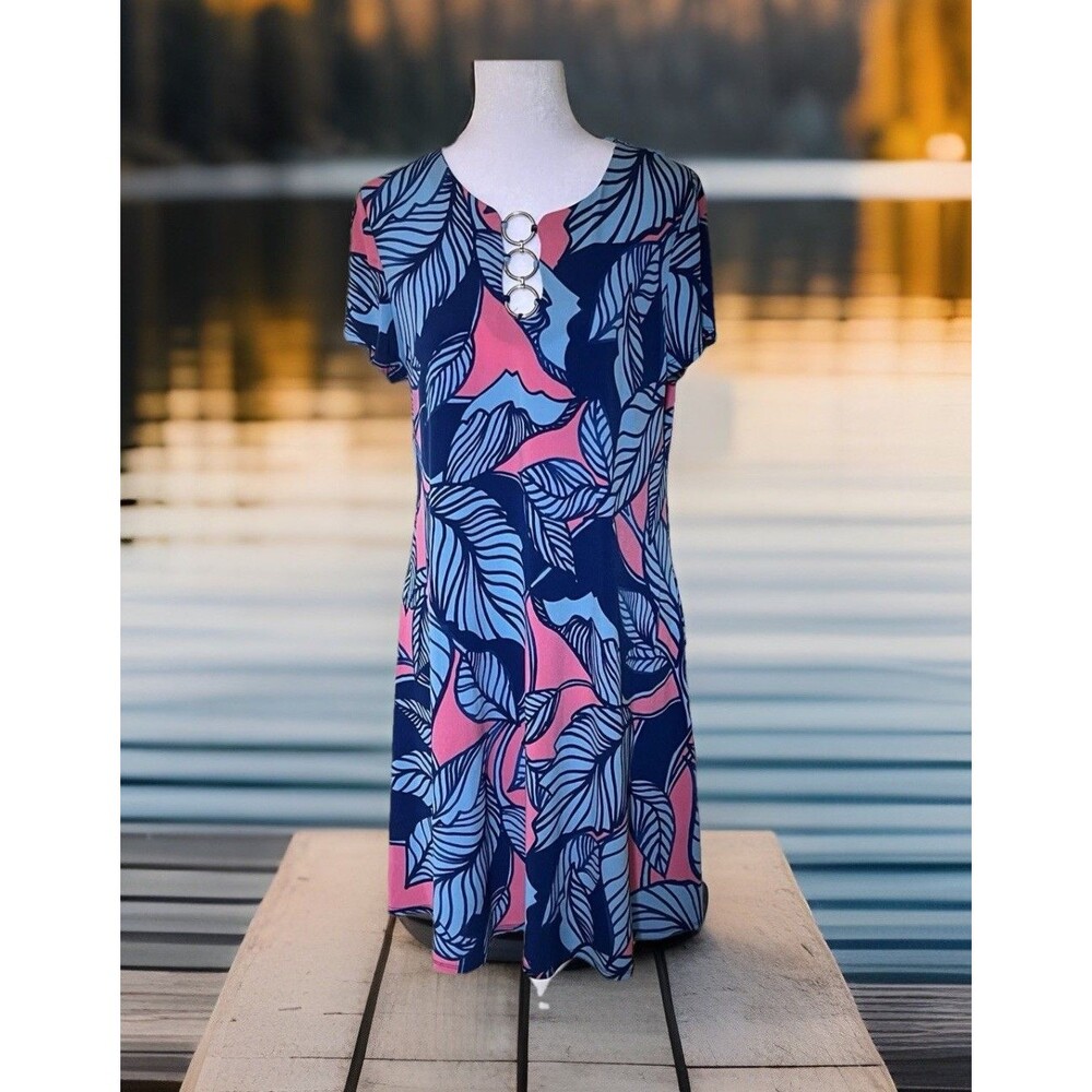 Ivy Lane Tropical Blue & Pink Shift Dress L Metal RIngs Keyhole Short Sleeve